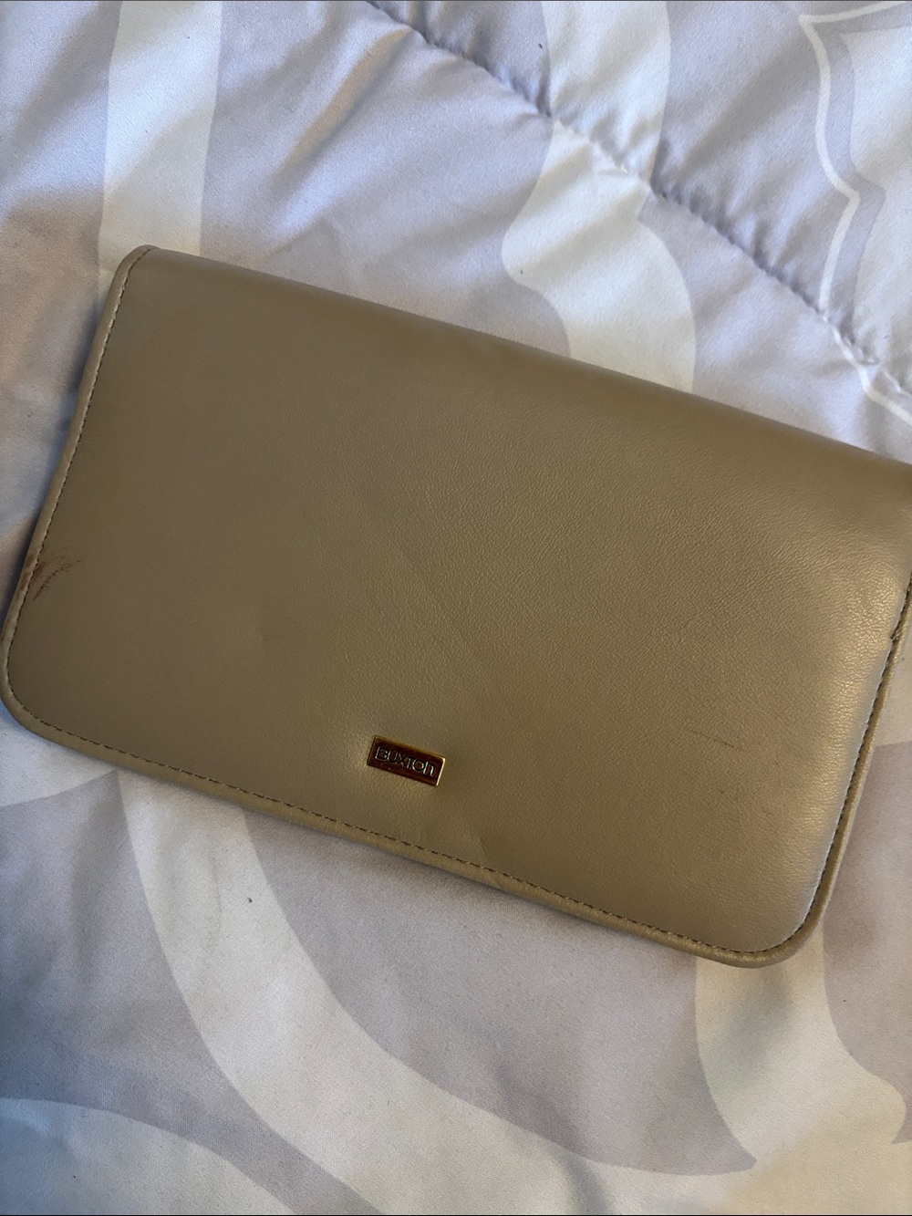 Buxton taupe leather clutch/ wallet with gold-tone logo